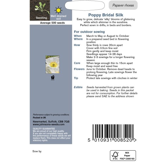 Seminte PAPAVER rhoeas-Poppy- Bridal Silk -Mac alb